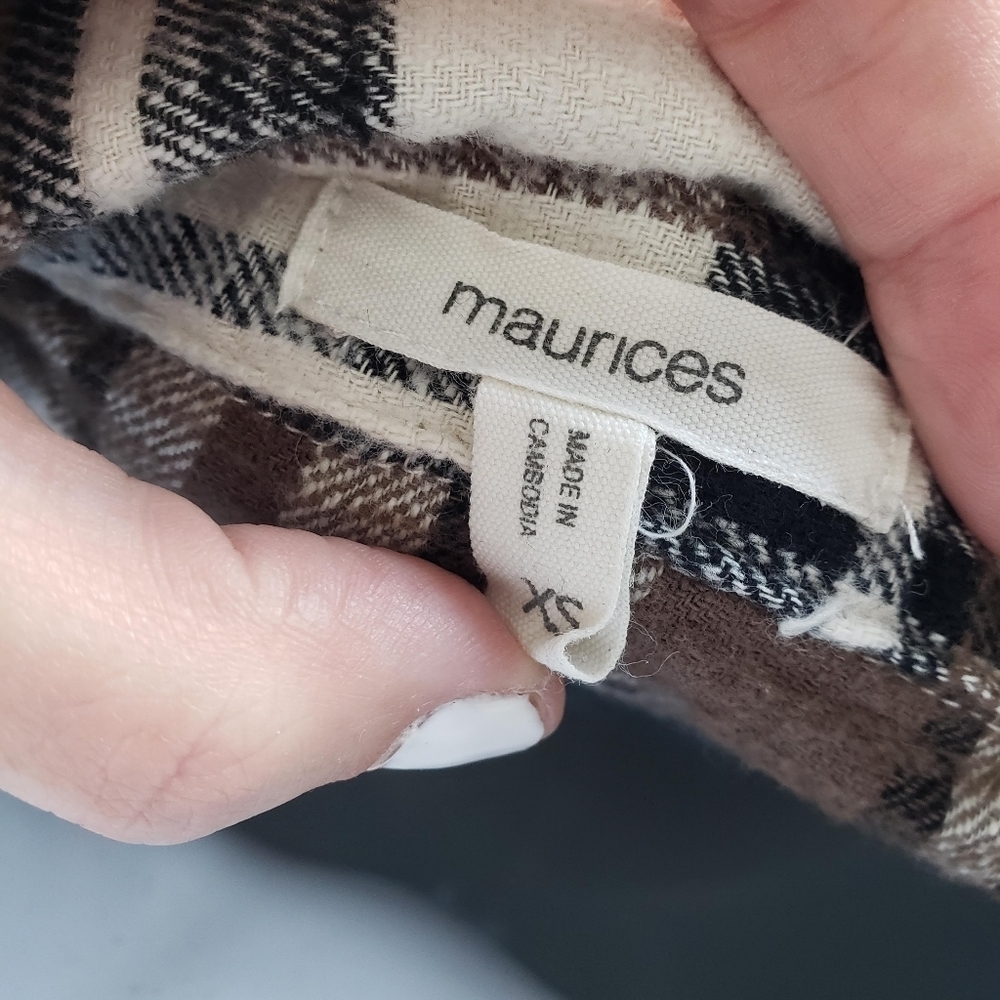 Maurices XS Brown Black Ivory Plaid Button Up Flannel Shirt Long Sleeve Shacket - Picture 6 of 8